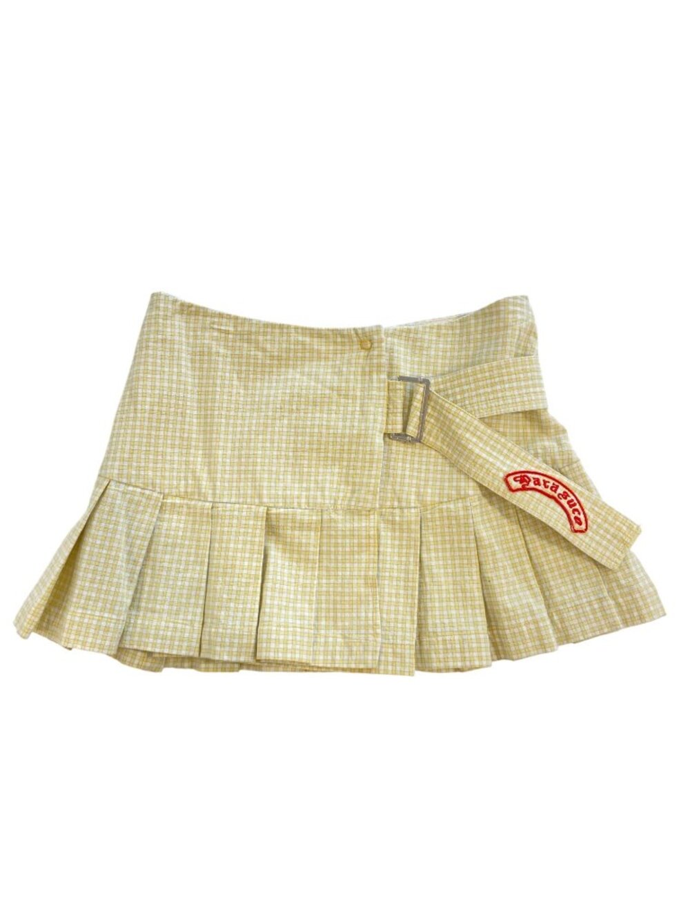 Parasuco Yellow Plaid Pleated Mini Skirt With Buckle Detail Size 4 Cotton Blend